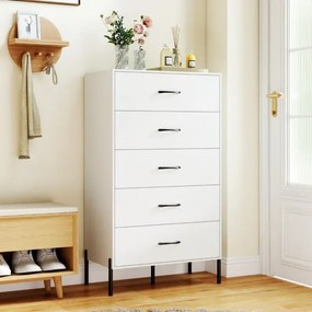 Comoda alta com 5 gavetas 71 x 40 x 125 cm, pés e puxadores de metal com gavetas Branco