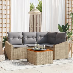 vidaXL Conjunto de Sofá de Jardim com 5 Peças e Almofadas Bege de Rattan Poliéster Acácia