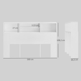 Cabeceira de cama com pés e espaço de arrumação 160 x 20,2 x 108,2 cm, acessório de cama com 4 compartimentos abertos, branco