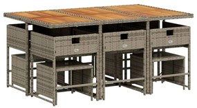 11 pcs conjunto jantar p/ jardim c/ almofadões vime PE cinzento