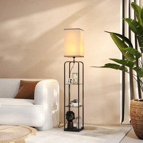 Candeeiro de pé com prateleiras, abajur em tecido, interruptor com corrente para sala de estar e quarto