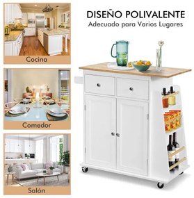 Carrinho de cozinha de arrumação com Bancada de madeira Borracha 2 gavetas Prateleira para especiarias 88 cm x 45 cm x 89,5 cm Branco