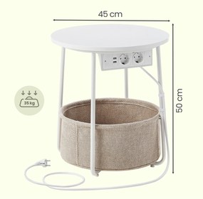 Mesa apoio redonda com cesto de tecido e tomadas, 45 x 50 cm (diâmetro x A) branco-castanho