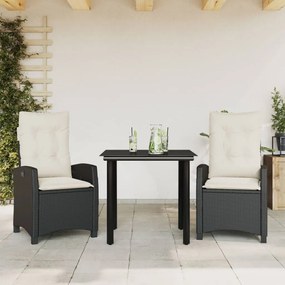 3 pcs conjunto de jantar p/ jardim c/ almofadões vime PE preto