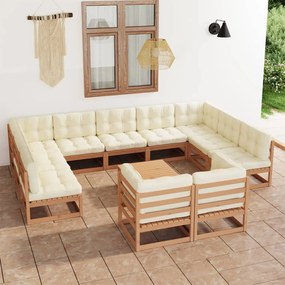 vidaXL 12 pcs conj. lounge jardim almofadões pinho maciço castanho mel