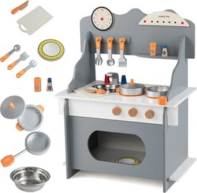 Cozinha de brincar em madeira para crianças 52 x 29,5 x 71 cm com relógio, fogão, prateleira, especiarias, torneira, lava-louças e forno para maiores