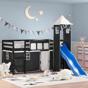 vidaXL Cama alta criança c/ torre 80x200 cm pinho maciço branco/preto