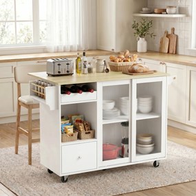 Ilha de Cozinha 132,2x74,7x90 cm com Tampo Rebatível Rodas Garrafeira e Portas de Correr em Vidro branco e cor carvalho