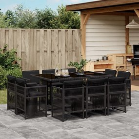 11 pcs conjunto de jantar p/ jardim c/ almofadões vime PE preto