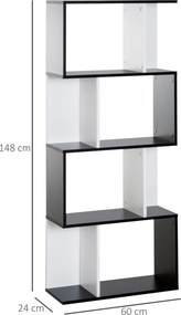 Estante de 5 níveis 60 x 24 x 148 cm, móvel de arrumação em forma de S com prateleiras, estante para sala de estar, quarto e escritório, preto, branco