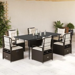 7 pcs conjunto jantar p/ jardim c/ almofadões vime PE castanho
