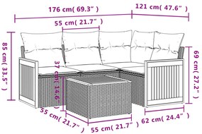 5 pcs conjunto sofás de jardim c/ almofadões vime PE cinzento