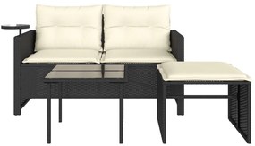 3 pcs conjunto sofás de jardim com almofadões vime PE preto