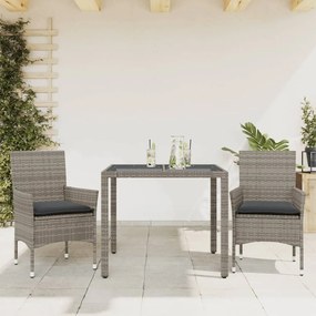 3 pcs conjunto jantar jardim c/ almofadões vime PE/vidro cinza