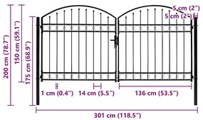 Portão p/ cerca porta dupla e topo arqueado 300x150cm aço preto