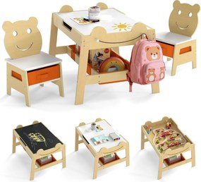 Conjunto Mesa e 2 cadeiras infantis 5 em 1 com tampo reversível preto e branco com Detalhe Curvo, 4 ganchos, compartimentos e recipientes natural