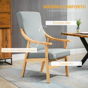 HOMCOM Poltrona de Estilo Nórdico com Encosto Alto Cadeira Sala de Jantar Estofada em PU com Apoio para os Braços e Estrutura de Madeira de Borracha para Escritório Sala de Estar Carga 150kg 62x75x115cm Cinza e Madeira