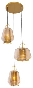 Candeeiro suspenso vidro âmbar dourado redondo 3 luzes - Kevin Art Deco