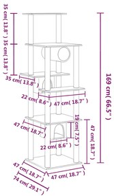 Árvore p/ gatos c/ postes arranhadores sisal 169cm cinza-escuro