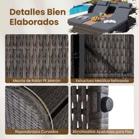 Cama de rattan jardim dupla com toldo retrátil 203 x 159 x 141 cm, encostos ajustáveis e mesa central com porta-copos para jardim, piscina e terraço c