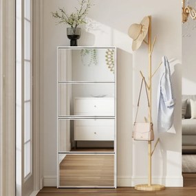 Sapateira Estreita com Espelho 4 Portas Abatíveis para 12 Pares de Sapatos para Espaços Reduzidos 63x17x146 cm Branco