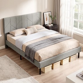 Estrutura de cama 140 x 190 cm (COLCHÃO NÃO INCLUIDO) com base e cabeceira ajustável, cama de casal estofada em linho, espaço de arrumação por baixo,
