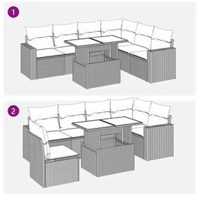 7 pcs conjunto sofás p/ jardim c/ almofadões vime PE cinzento