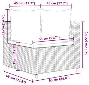 3 pcs conjunto sofás de jardim com almofadões vime PE castanho