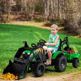 Trator elétrico Bateria 12V escavadora infantil com balde de escavação de reboque com controle remoto por 3-8 anos 245 x 63 x 85 cm verde