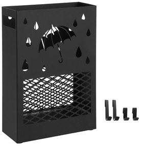 Suporte para guarda-chuva SONGMICS, suporte retangular de metal com bandeja coletora de água removível, 4 ganchos, design recortado, para corredor e escritório, preto LUC004B01
