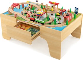 Conjunto de comboio para crianças de madeira maciça com 84 peças, mesa e carris para rapazes e raparigas com mais de 3 anos 97 x 62,5 x 39,5 cm Natura