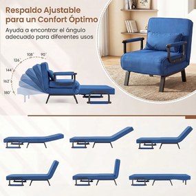 Sofá-Cama Individual Convertível, 186 x 64 cm, Encosto Ajustável em 6 Níveis, Azul