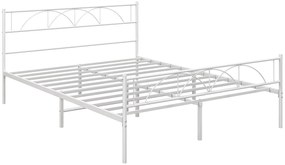 Cama de Casal 135x190 cm Com Cabeceira de Ripas de Aço e Espaço de Arrumação Debaixo da Cama Carga 330 kg Branca