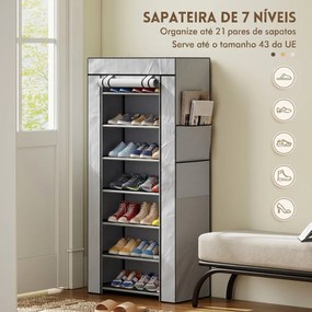 Sapateira de 7 Níveis em Aço com Capa em Tecido Não Tecido e 2 Bolsos, para 14-21 Pares, Cinzenta
