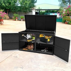 Caixa de arrumação para jardim em rattan 335L Contentor de arrumação em vime para exterior coberto 2 Estantes 115 x 60 x 65 cm Preto