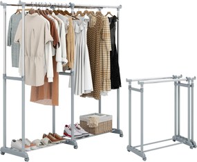 Cabideiro Duplo com Rodas, Altura Ajustável e Largura Extensível, Metal Resistente para closet, Lavandaria ou Sala 140-195 cm Cinza