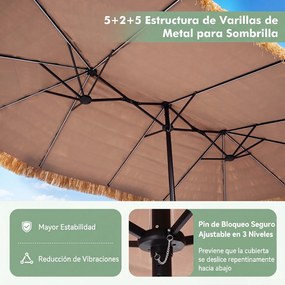 Guarda-sol  de Jardim com base, 450 x 270 x 252 cm, Luzes LED Solares, Castanho