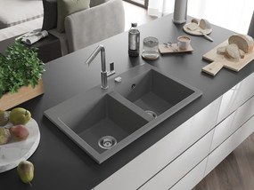 Mexen Hektor lava-loiça de granito com 2 cubas 800 x 480 mm, cinza, sifão cromado - 6521802000-71