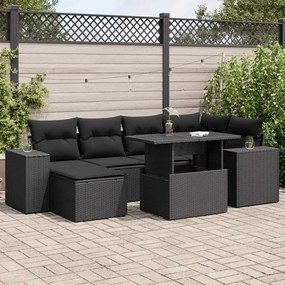 7 pcs conjunto de sofás p/ jardim c/ almofadões vime PE preto