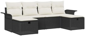 Conjunto de Sofás de Jardim 6 Peças com Almofadas Preto Rattan Poliést