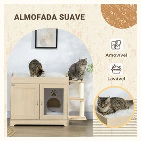 Caixa de Areia para Gatos de Madeira com 2 Portas Móvel para Caixa de Areia com Cama Almofada Suave 3 Plataformas e Postes de Sisal 107x54x70cm Carval