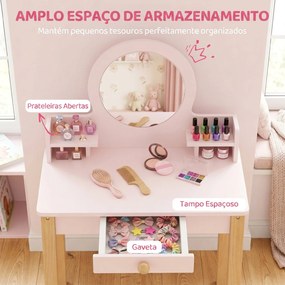 Toucador Infantil com Banco, Espelho, Gaveta e 2 Prateleiras Abertas para Crianças 3 a 6 Anos Rosa