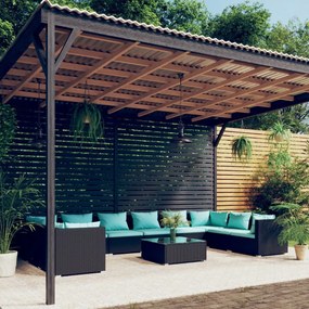vidaXL 11 pcs conjunto lounge de jardim c/ almofadões vime PE preto
