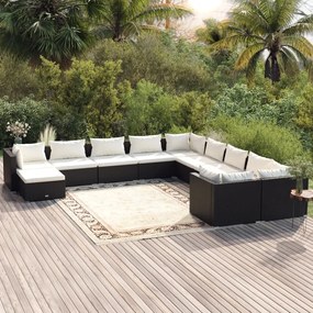 vidaXL 11 pcs conjunto lounge de jardim c/ almofadões vime PE preto