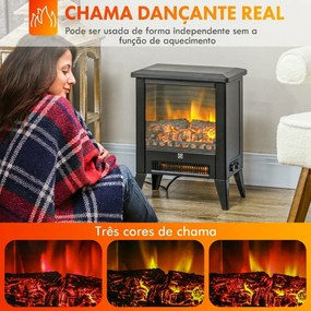Lareira Decorativa Independente 1800 W com Efeito de Chama LED Baixo Ruído e Proteção contra Sobreaquecimento Preto