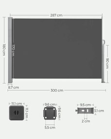 Toldo lateral jardim, varandas 180 x 300 cm antracite