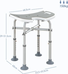 Banco de duche com assento, altura ajustável de 39 a 51,5 cm, barra de apoio com ventosas e patins com ventosas, cinzento