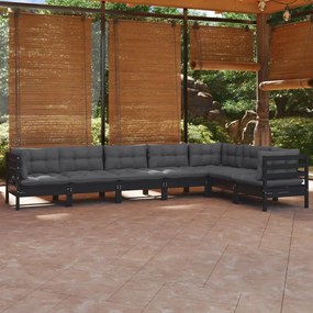 vidaXL 7 pcs conjunto lounge jardim c/ almofadões pinho maciço preto