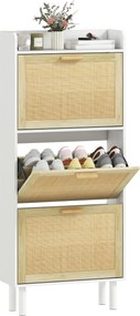 Sapateira com 3 portas basculantes e prateleira com efeito de resina trançada, estilo boémio, 65 x 24,5 x 153 cm, branco