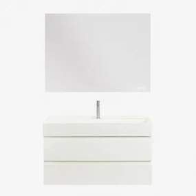 Conjunto De Móvel De Casa De Banho Suspenso Em Madeira E Folha De Freixo Com Lavatório Integrado Ona Branco & Retangular Led - Sklum